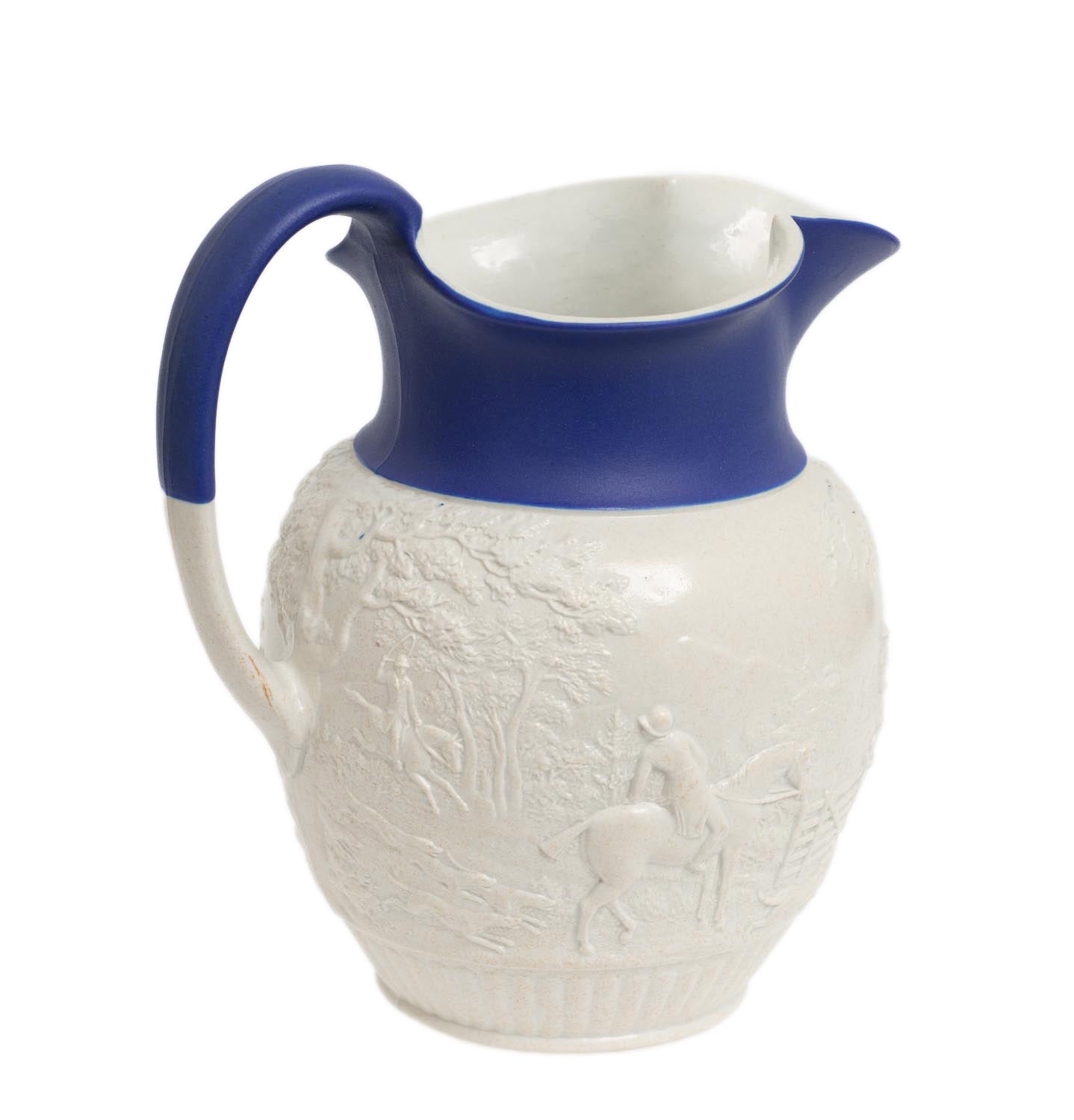 Antique Wedgwood Moulded Hunting Scene Jug with Dark Blue Jasper Dip c1845 (Code 2824)