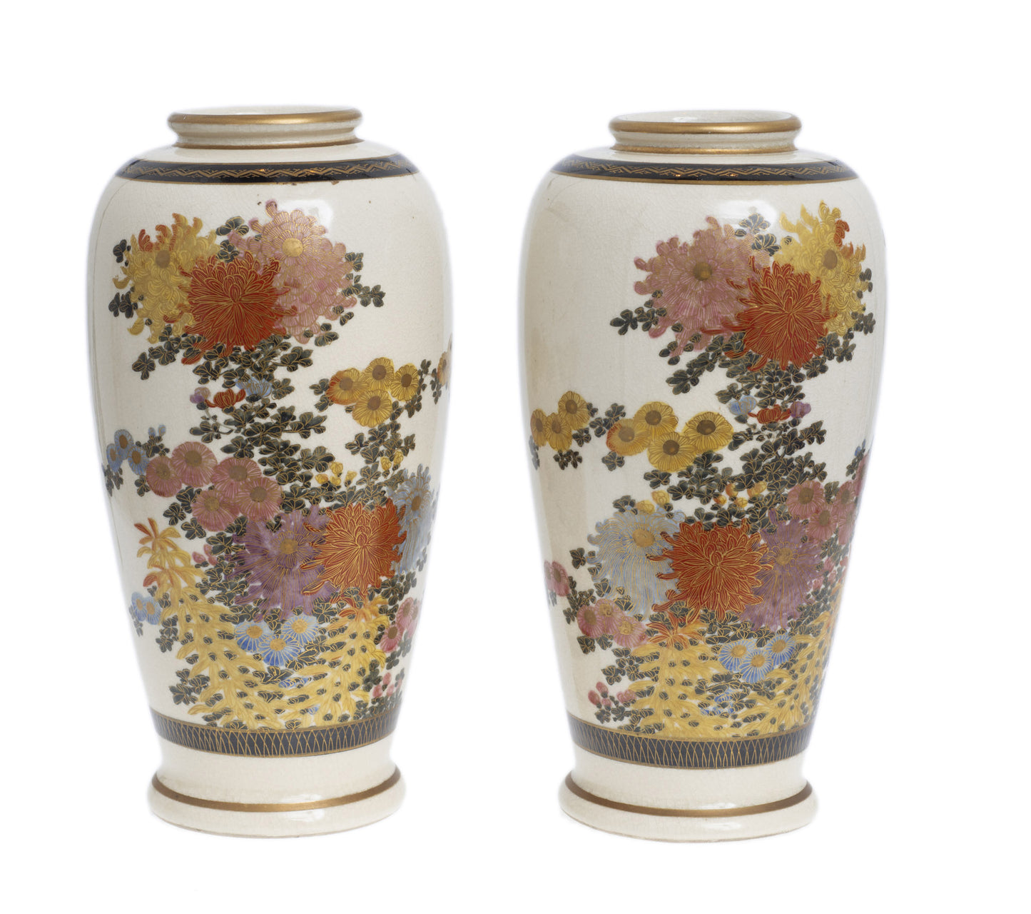 Pair Antique Japanese Satsuma Pottery Vases Hand Painted with Chrysanthemums (Code 2842)
