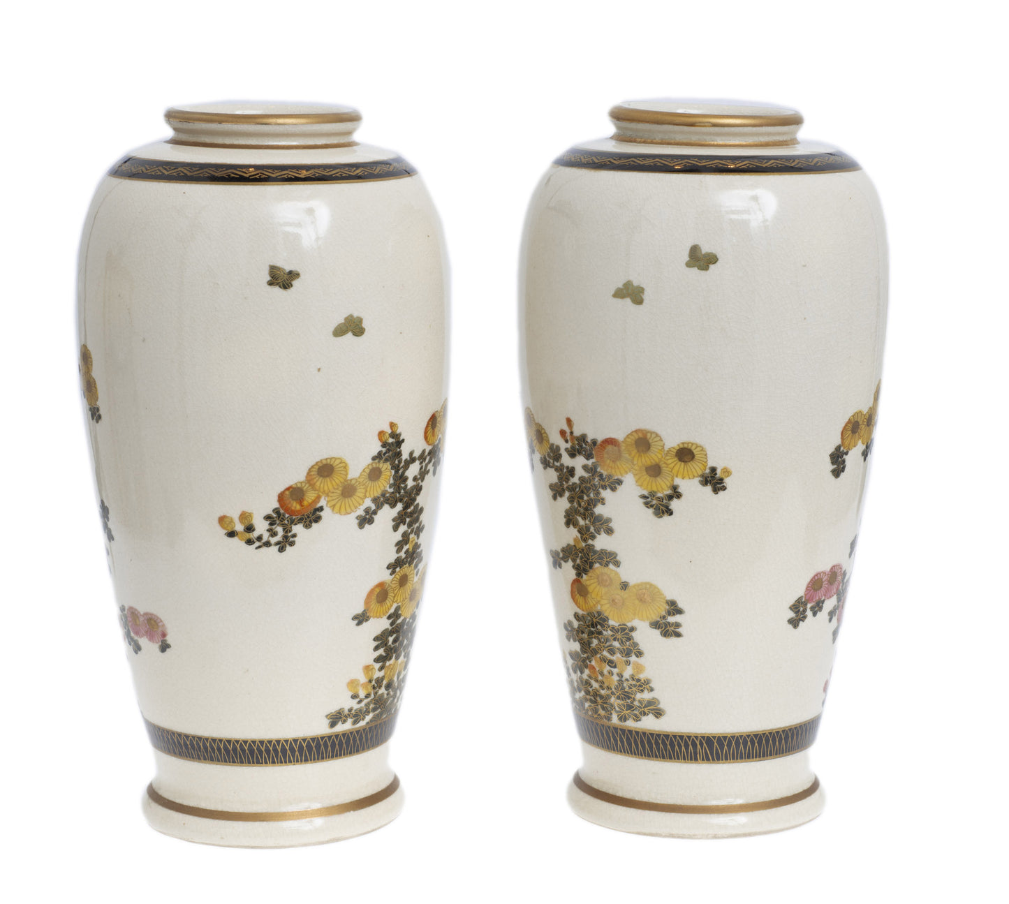 Pair Antique Japanese Satsuma Pottery Vases Hand Painted with Chrysanthemums (Code 2842)