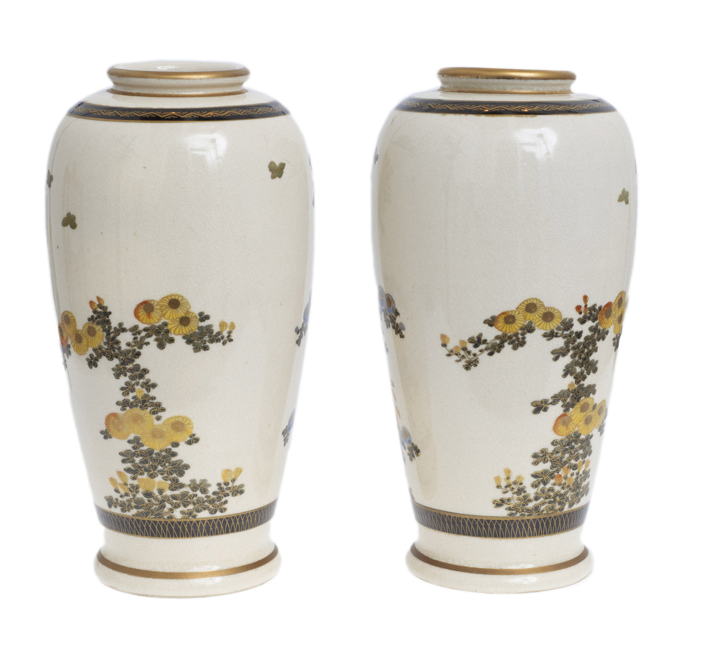 Pair Antique Japanese Satsuma Pottery Vases Hand Painted with Chrysanthemums (Code 2842)