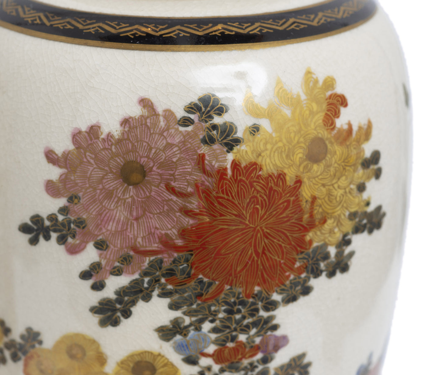 Pair Antique Japanese Satsuma Pottery Vases Hand Painted with Chrysanthemums (Code 2842)