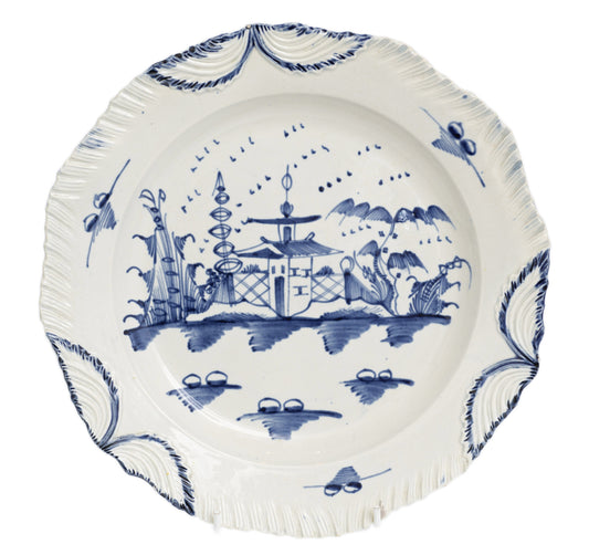 Antique English Blue & White Pagoda & Fence Pattern Pearlware Shell Edge Plate (Code 2847)