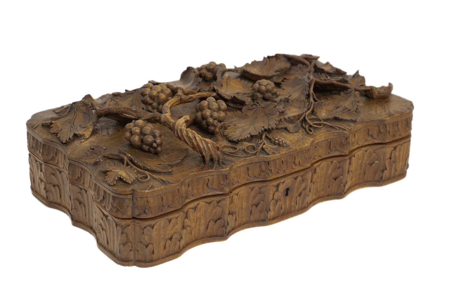 Antique European Alto Relievo Carved Softwood Box - Vines & Grapes - Swiss c1900 (Code 2852)