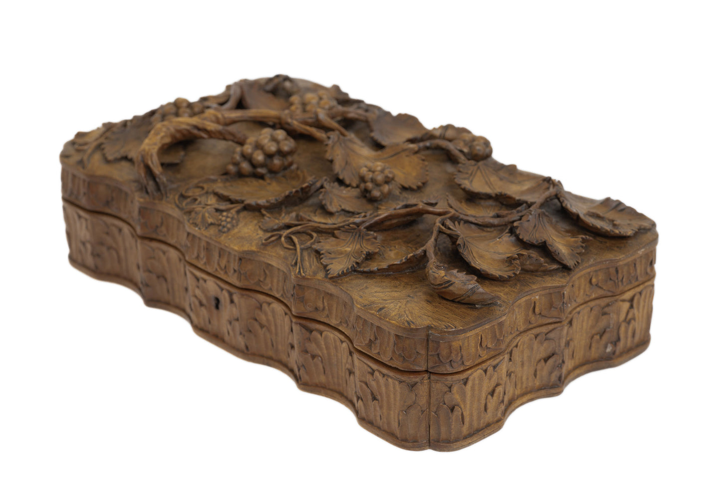 Antique European Alto Relievo Carved Softwood Box - Vines & Grapes - Swiss c1900 (Code 2852)