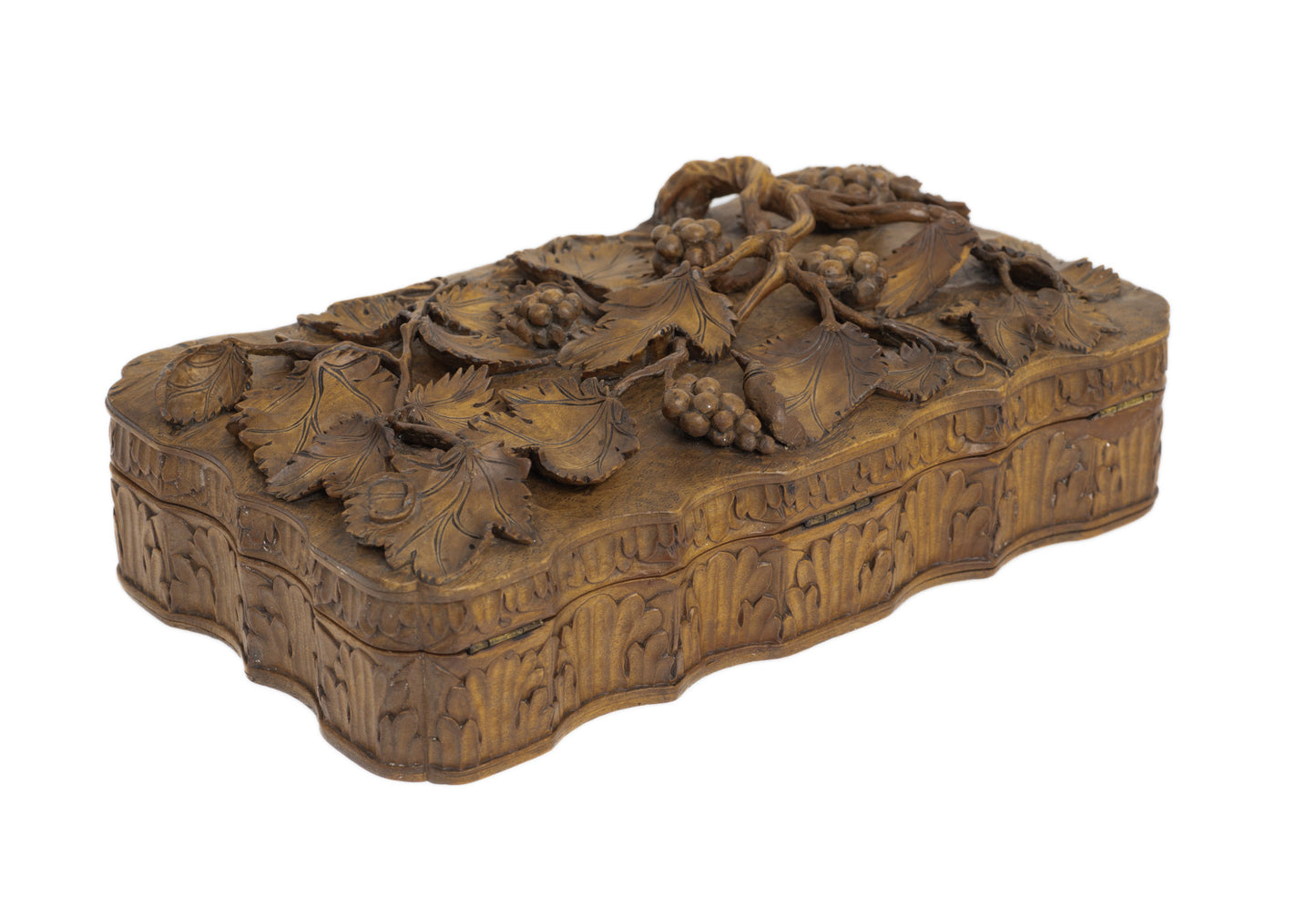 Antique European Alto Relievo Carved Softwood Box - Vines & Grapes - Swiss c1900 (Code 2852)