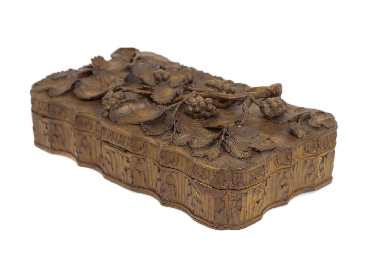 Antique European Alto Relievo Carved Softwood Box - Vines & Grapes - Swiss c1900 (Code 2852)