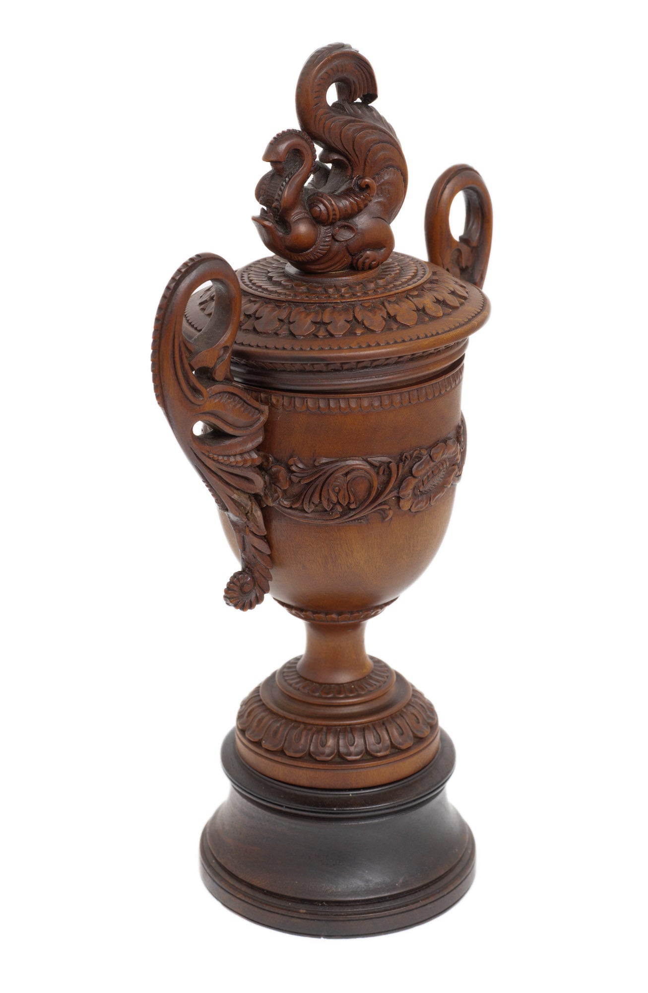 Vintage Indian Carved Wood Trophy Shaped Twin Handled Vase/Cup & Makara Finial (Code 2853)