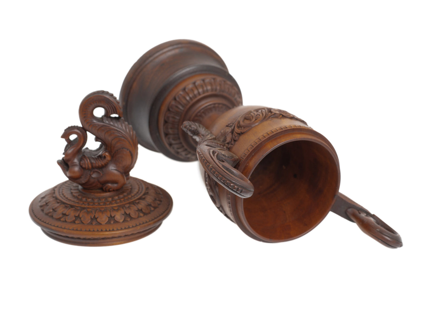 Vintage Indian Carved Wood Trophy Shaped Twin Handled Vase/Cup & Makara Finial (Code 2853)