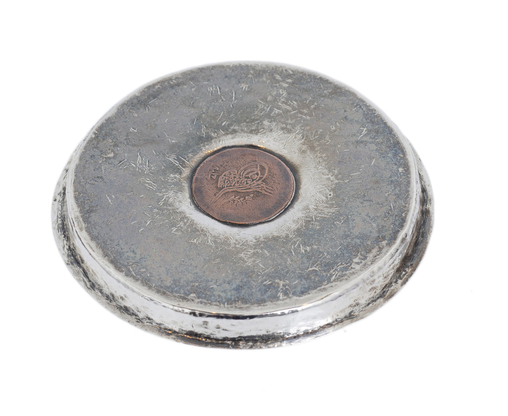 Antique Ottoman Empire Hand Made Silver Dish with Copper 1 Para Coin Inset (Code 2855)