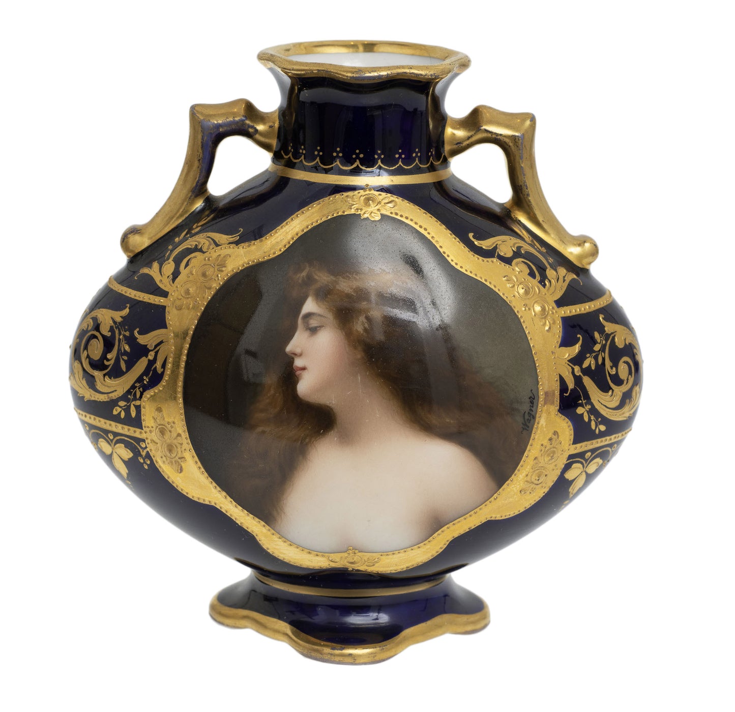 Antique Vienna Porcelain Hand Painted Vase Signed Wagner - Young Woman - Erblüht (Code 2861)