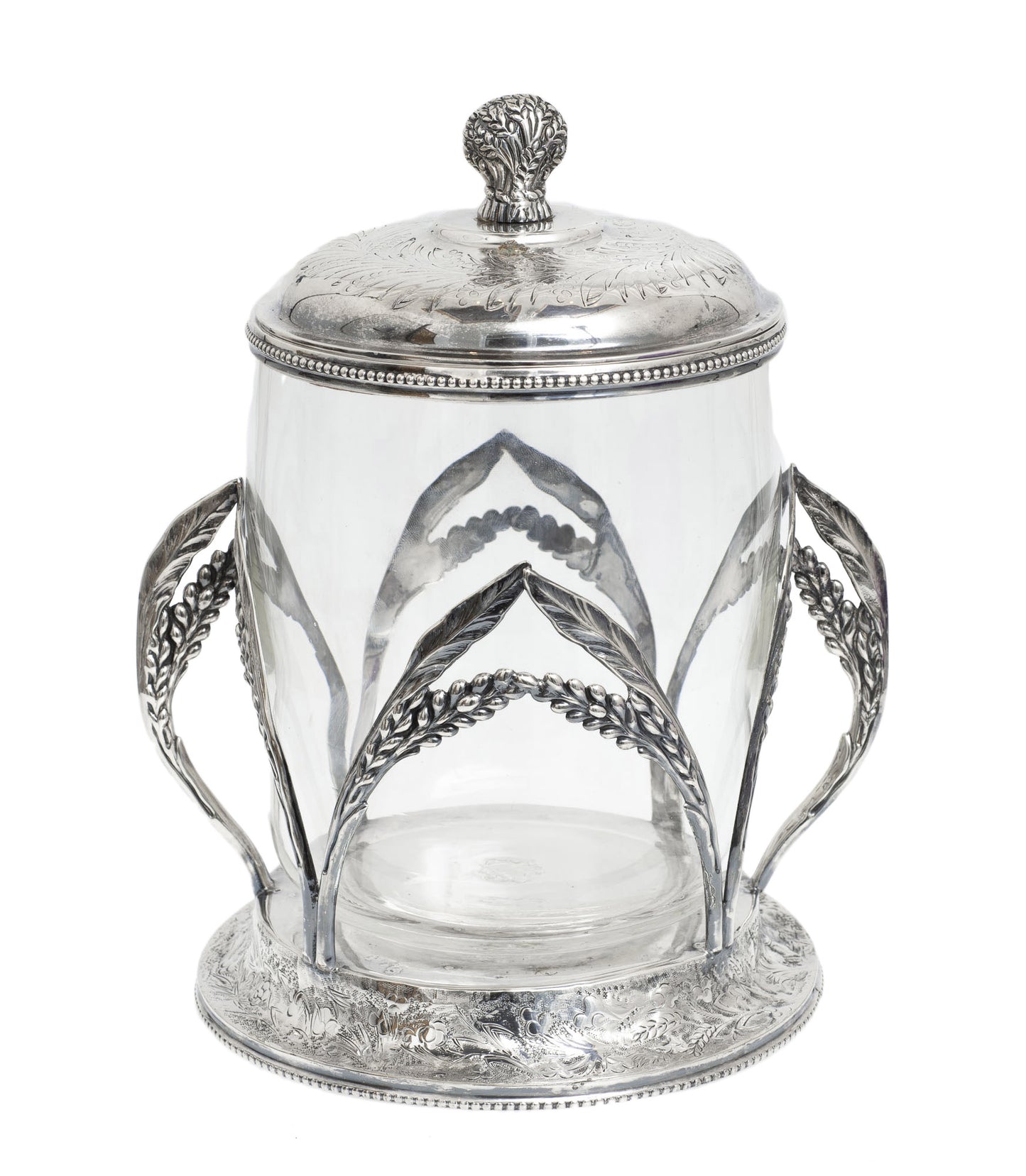 Antique Silver Plated & Clear Hand Blown Glass Biscuit Barrel/Cookie Jar (2873)