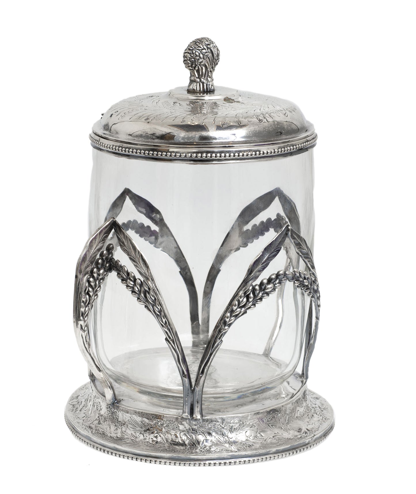 Antique Silver Plated & Clear Hand Blown Glass Biscuit Barrel/Cookie Jar (2873)