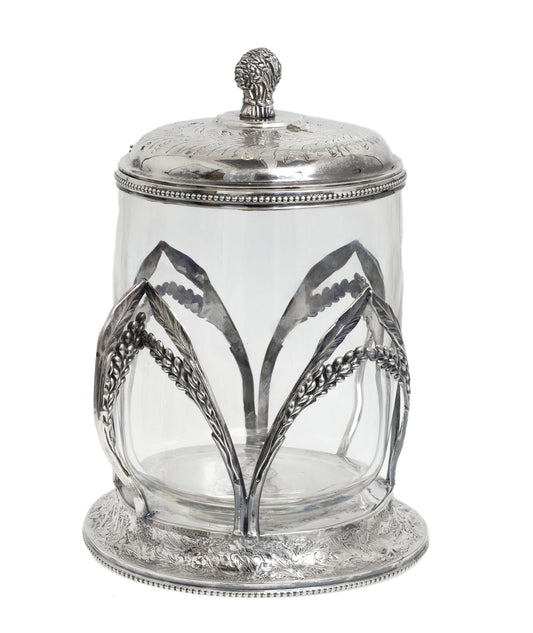 Antique Silver Plated & Clear Hand Blown Glass Biscuit Barrel/Cookie Jar (2873)
