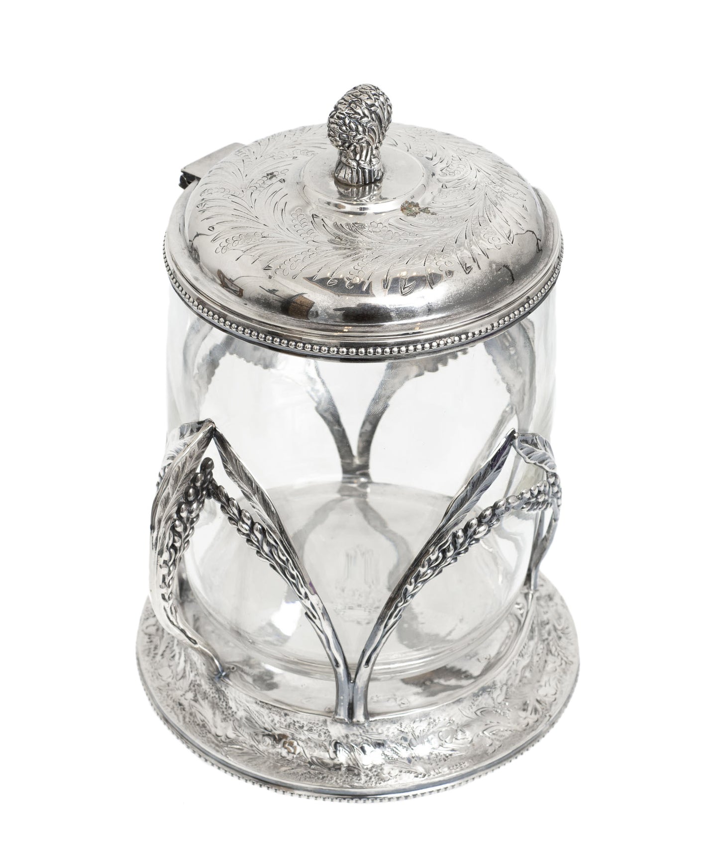 Antique Silver Plated & Clear Hand Blown Glass Biscuit Barrel/Cookie Jar (2873)