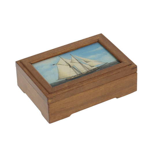 Vintage Wooden Playing Card/Cigarette Box ~ Reverse Painted Glass Sailing Ship (2895)