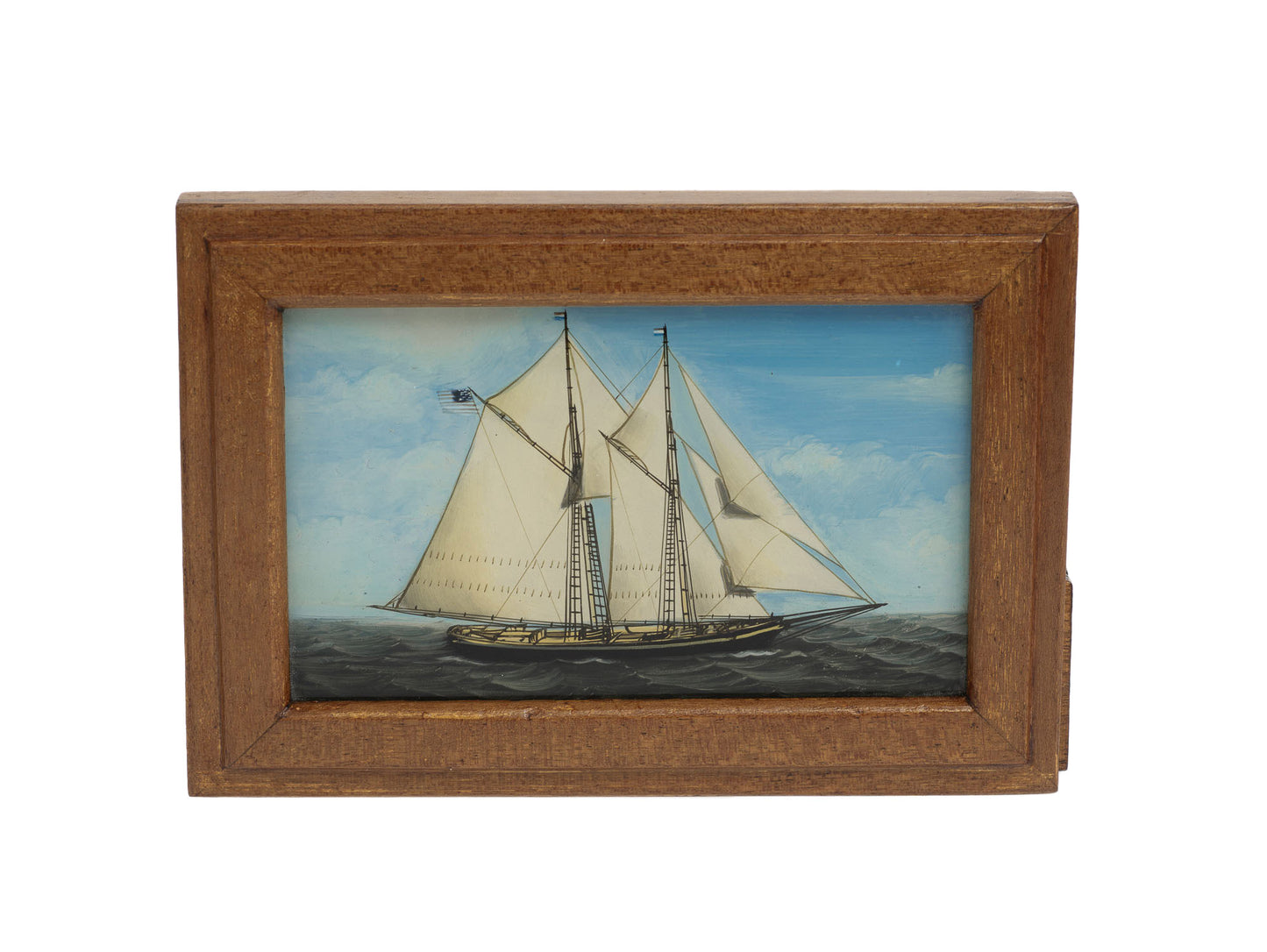 Vintage Wooden Playing Card/Cigarette Box ~ Reverse Painted Glass Sailing Ship (2895)