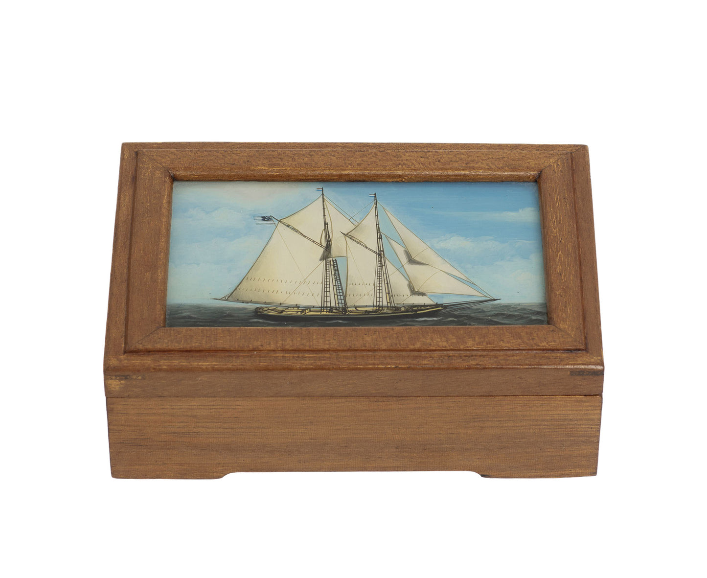 Vintage Wooden Playing Card/Cigarette Box ~ Reverse Painted Glass Sailing Ship (2895)