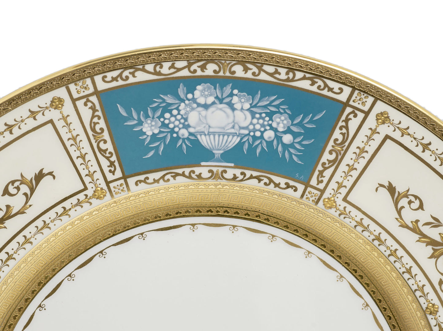 Minton Pate sur Pate Panel & Embossed Gold Dinner Plate - T Goode & Co, Mayfair (2915)