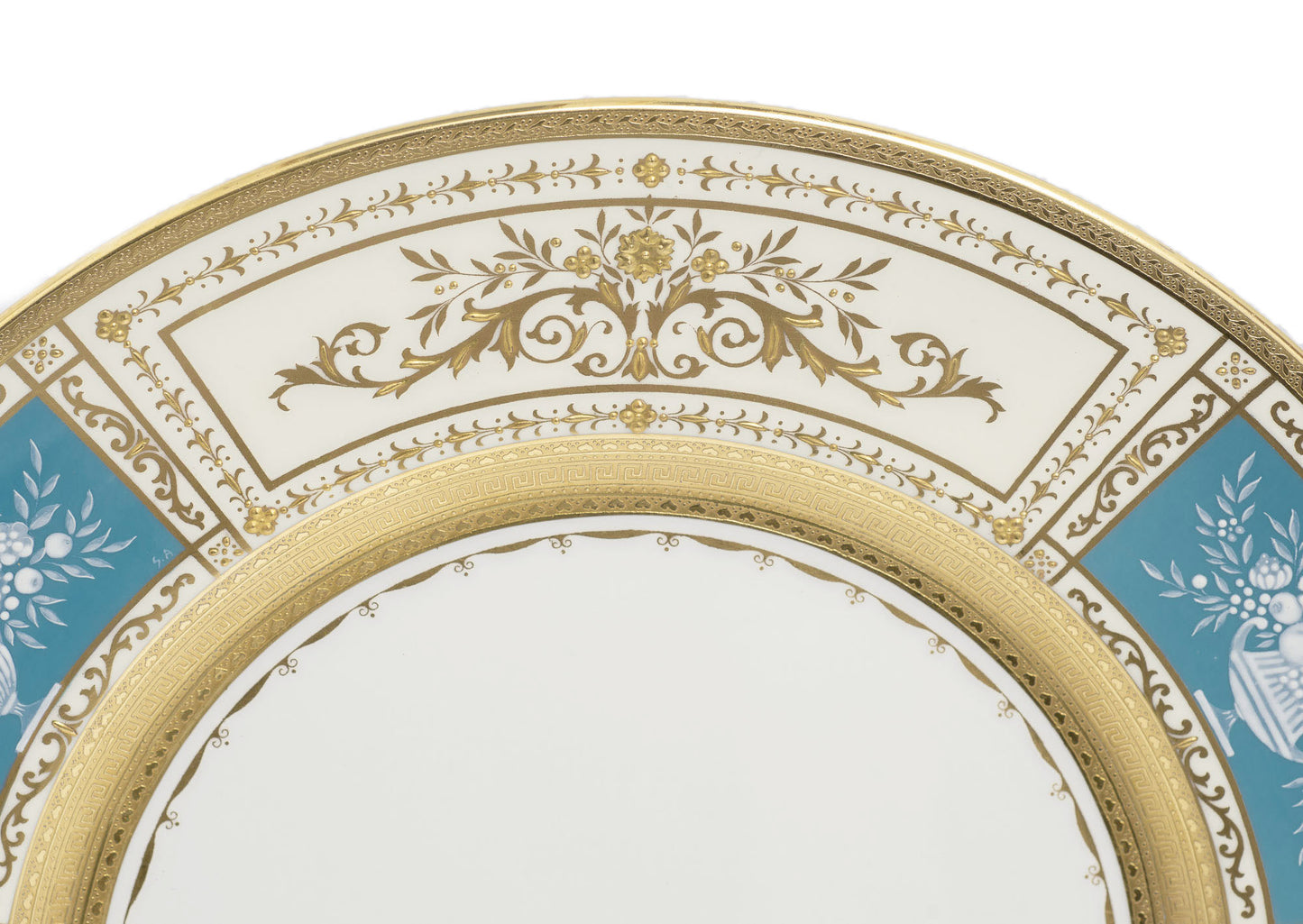 Minton Pate sur Pate Panel & Embossed Gold Dinner Plate - T Goode & Co, Mayfair (2915)