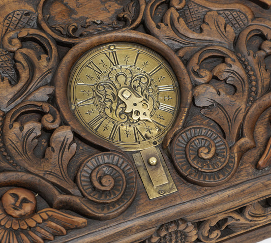 Antique Spanish Wooden Box with Moon Face Carvings and Brass Dial Lock 19thC (2919)