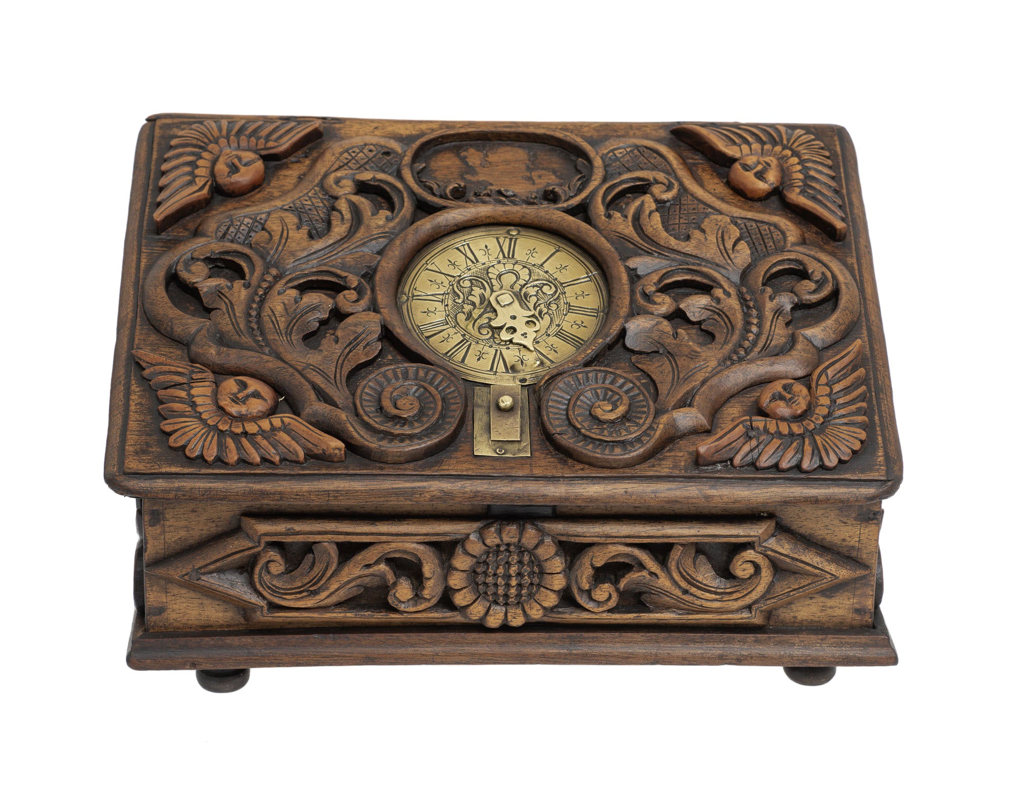 Antique Spanish Wooden Box with Moon Face Carvings and Brass Dial Lock 19thC (2919)