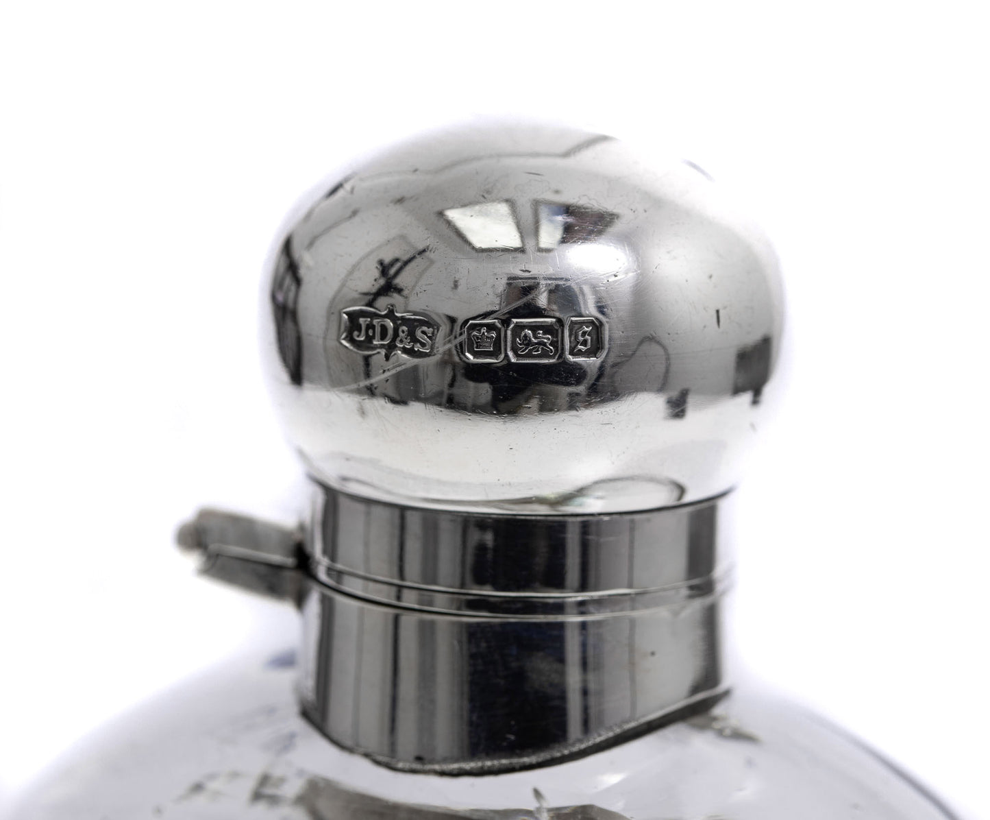 Antique Sterling Silver & Glass Hip Flask by James Dixon & Sons Sheffield 1910 (2928)