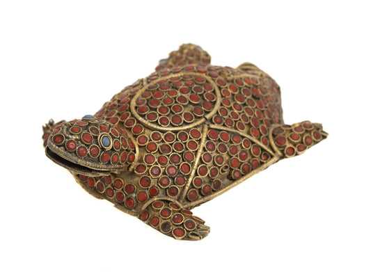 Vintage Hand Made Nepal Figure/Model of a Turtle in Gilt Metal & Coral Cabochons (2929)