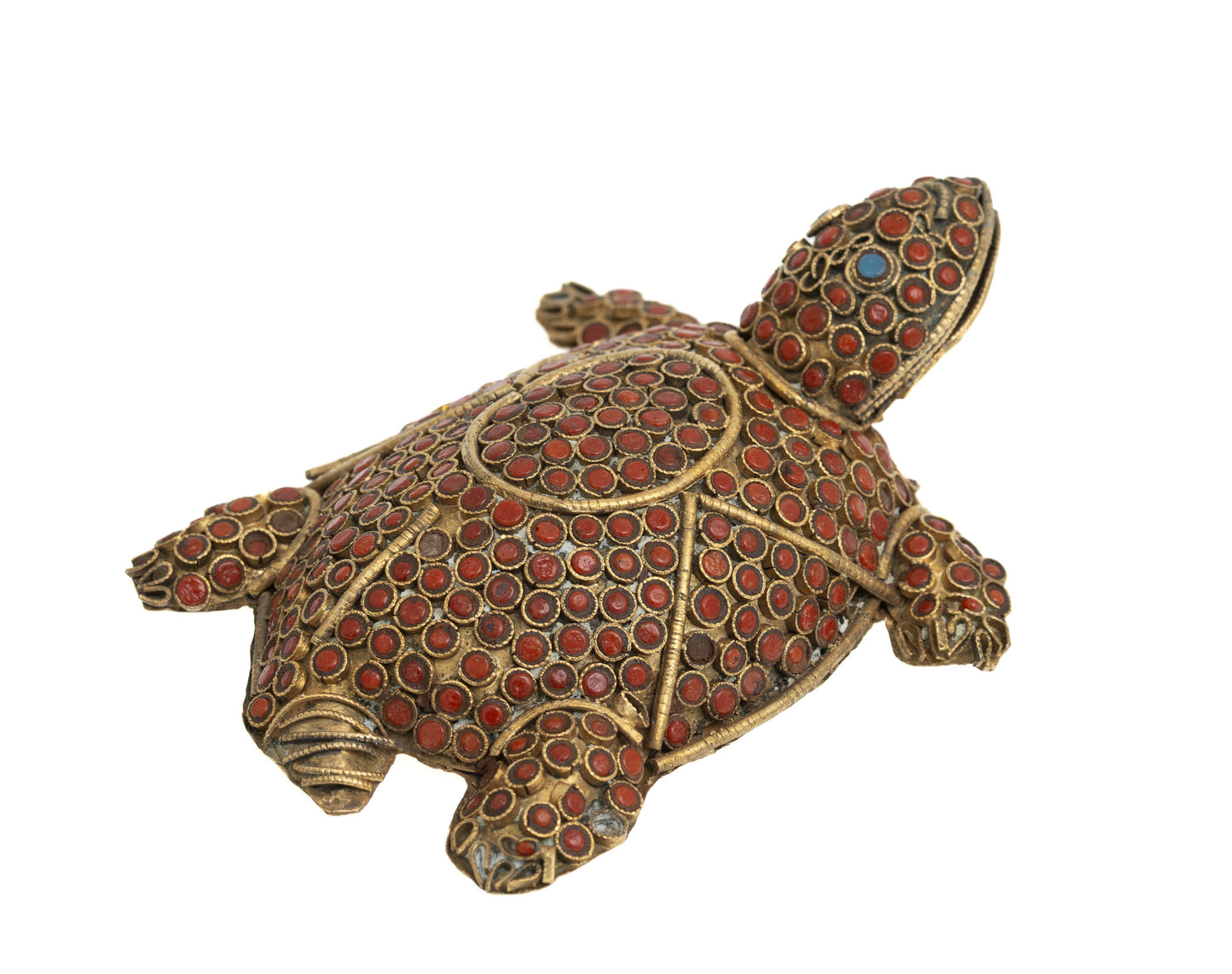 Vintage Hand Made Nepal Figure/Model of a Turtle in Gilt Metal & Coral Cabochons (2929)