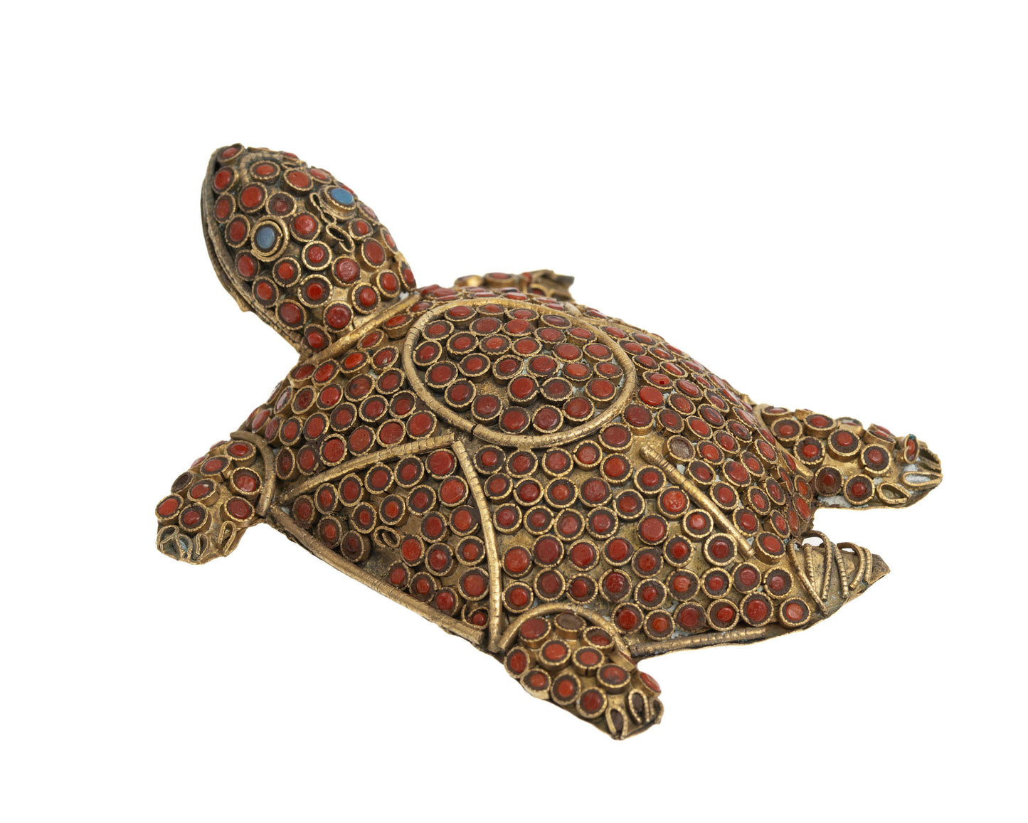 Vintage Hand Made Nepal Figure/Model of a Turtle in Gilt Metal & Coral Cabochons (2929)