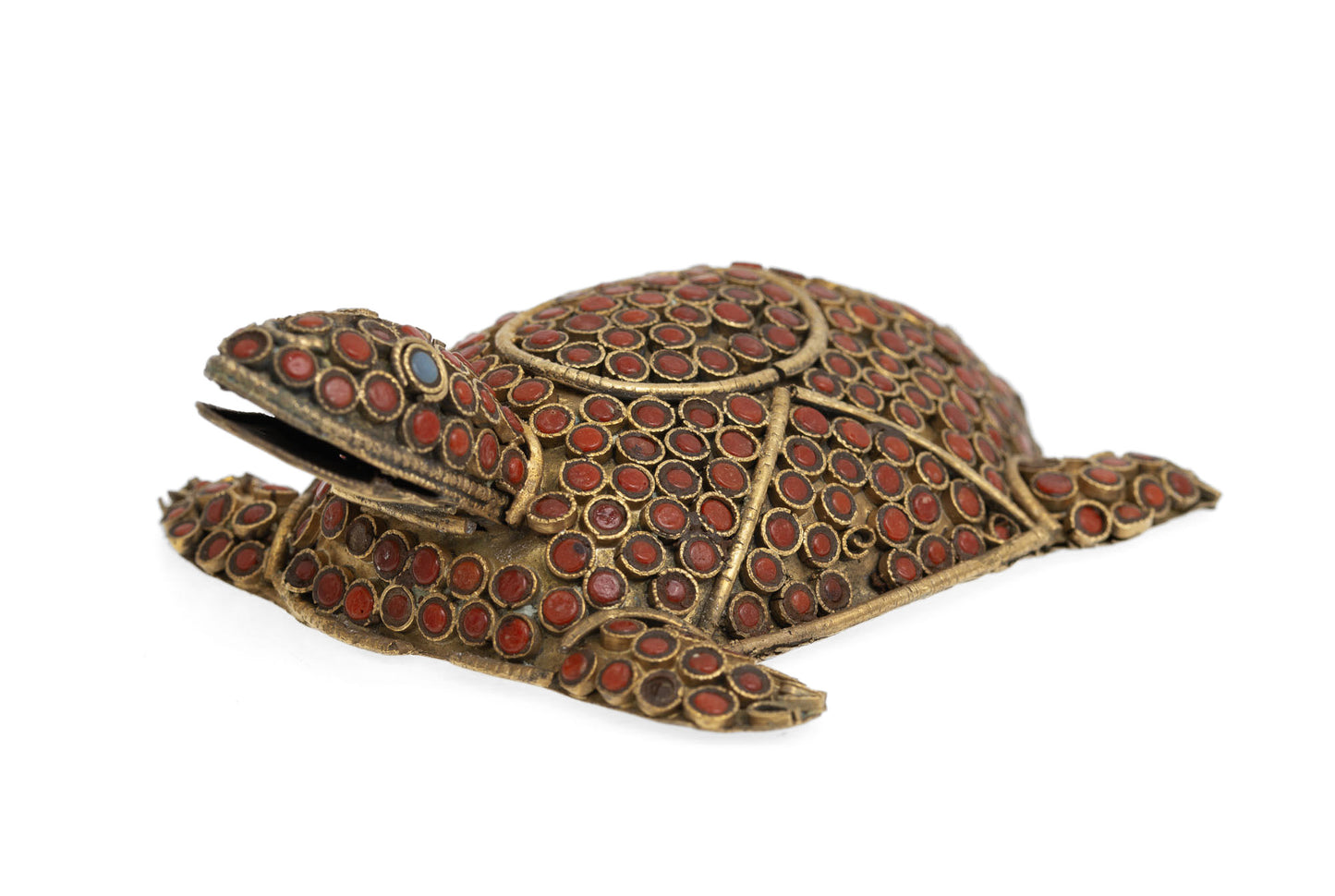 Vintage Hand Made Nepal Figure/Model of a Turtle in Gilt Metal & Coral Cabochons (2929)