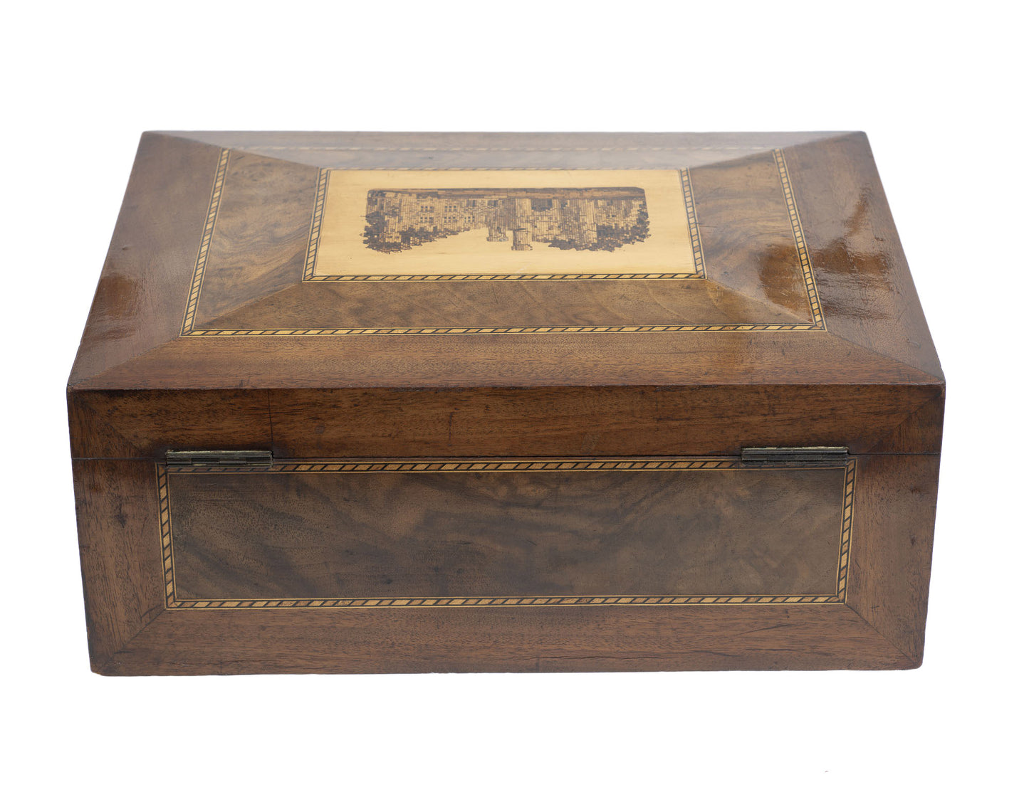 Antique Victorian Tunbridge Ware Wood Ladies Work Box with Birds, Dogs & Flowers (2935)