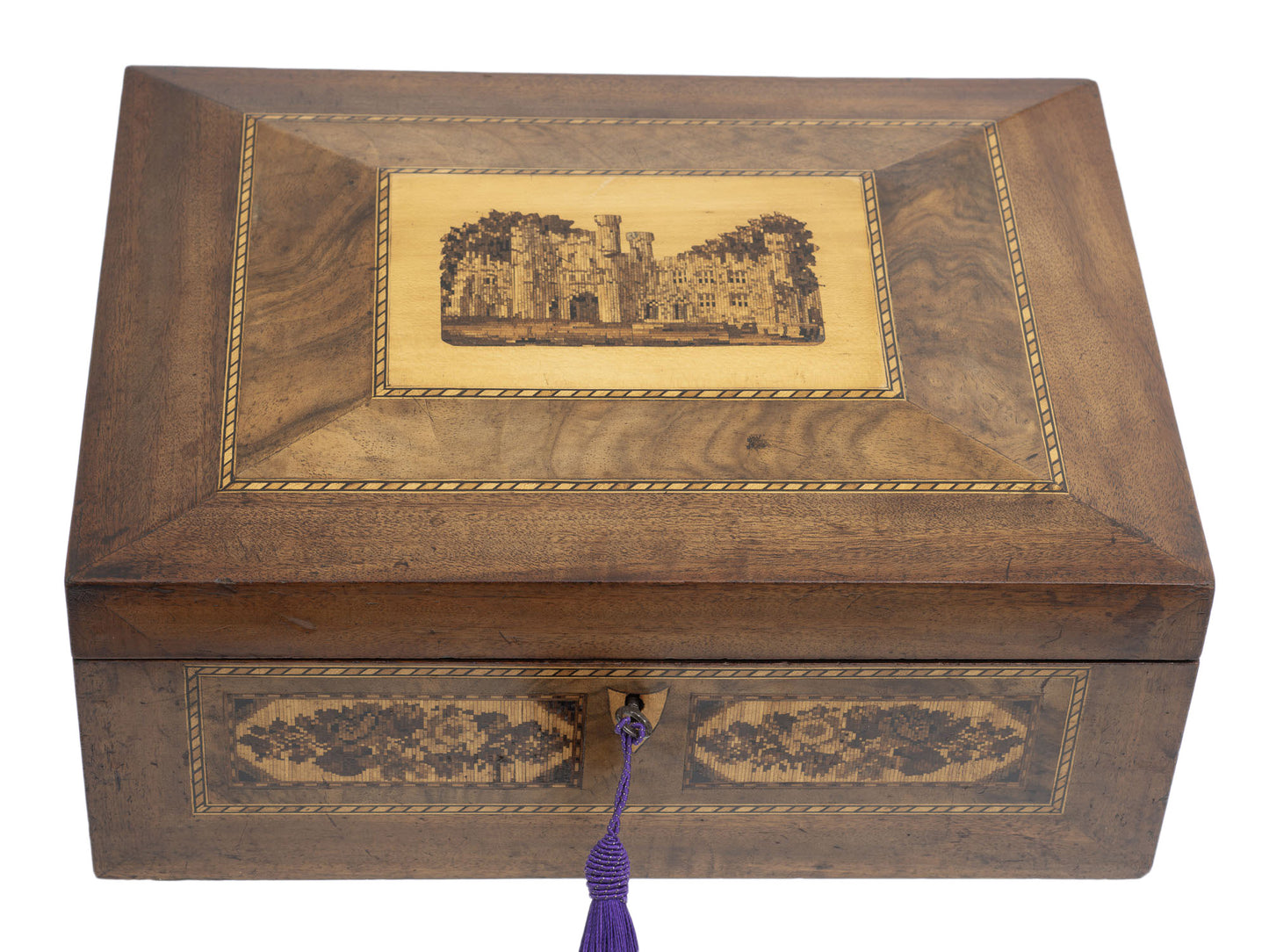 Antique Victorian Tunbridge Ware Wood Ladies Work Box with Birds, Dogs & Flowers (2935)