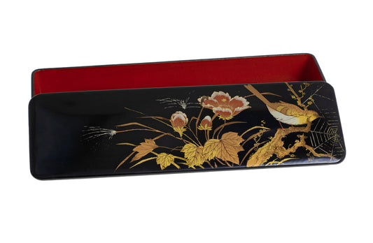 Antique Japanese Black Lacquer Glove Box with Gilded Scene of Bird & Spiderweb (2943)