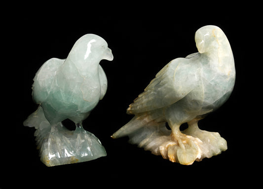 Pair Antique Chinese Hand Carved Figures of Birds (Pigeons/Doves) in Green Fluorite (2949)