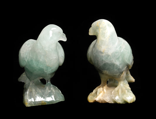 Pair Antique Chinese Hand Carved Figures of Birds (Pigeons/Doves) in Green Fluorite (2949)