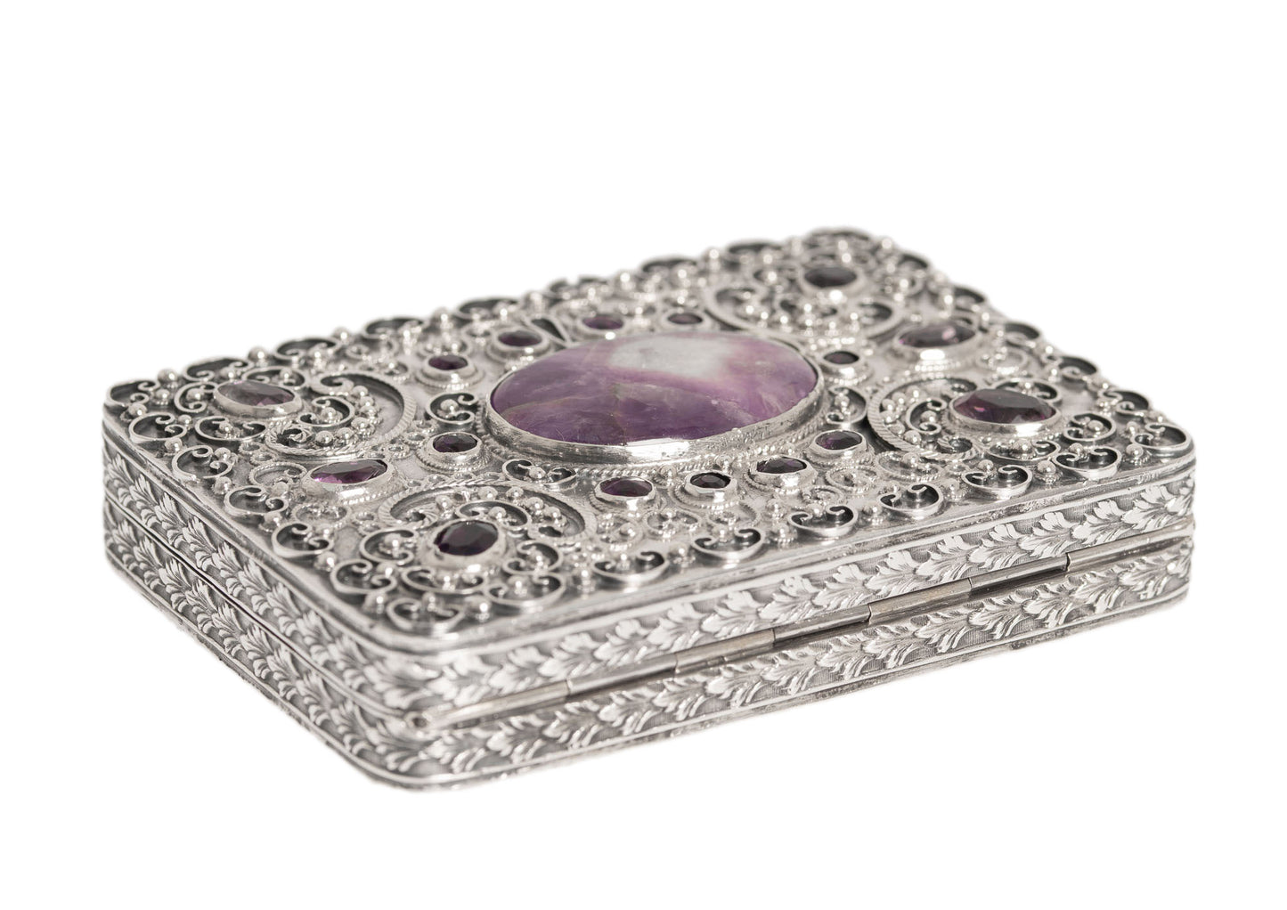 Antique French Import Highly Decorated Silver and Amethyst Set Snuff / Pill Box (2950)