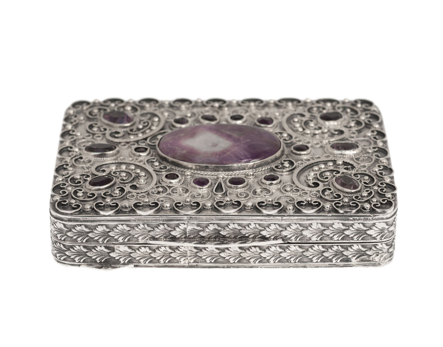 Antique French Import Highly Decorated Silver and Amethyst Set Snuff / Pill Box (2950)