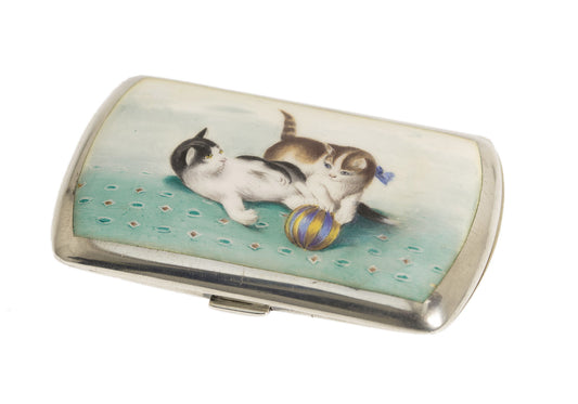 Antique Austrian Vienna Silver & Enamel Case Hand Painted with Playful Kittens (2951)