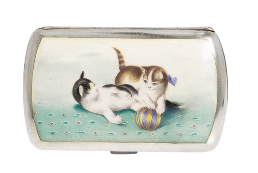 Antique Austrian Vienna Silver & Enamel Case Hand Painted with Playful Kittens (2951)