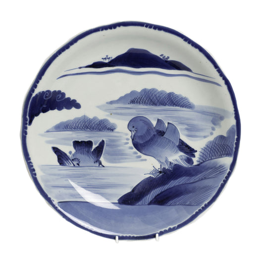 Antique Edo Japanese Arita Porcelain Hand Painted Blue & White Dish with Ducks 富貴長春 (2959)