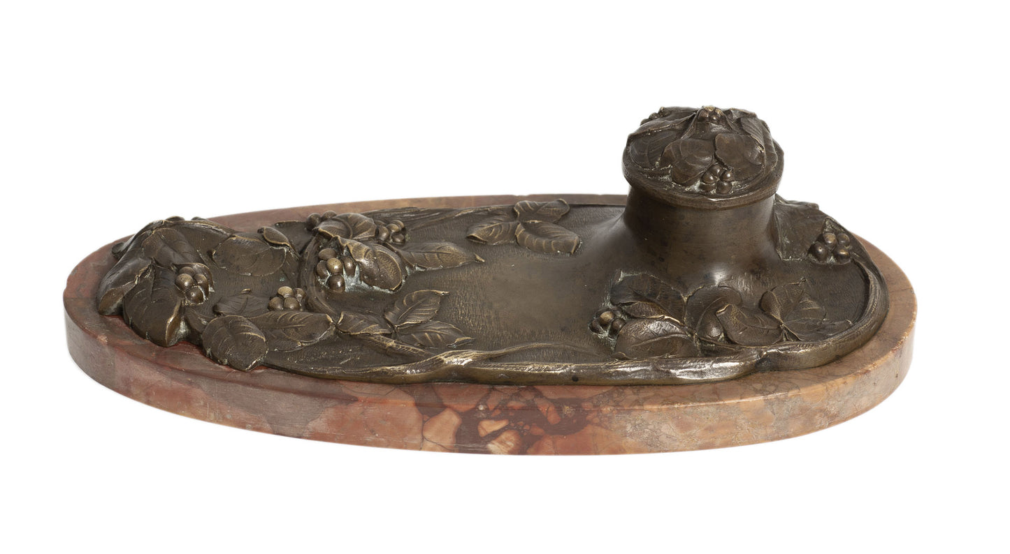 Antique French Bronze and Antico Rosso Marble Desk Ink Stand / Inkwell c1890 - Marcel Bonnot (2960)