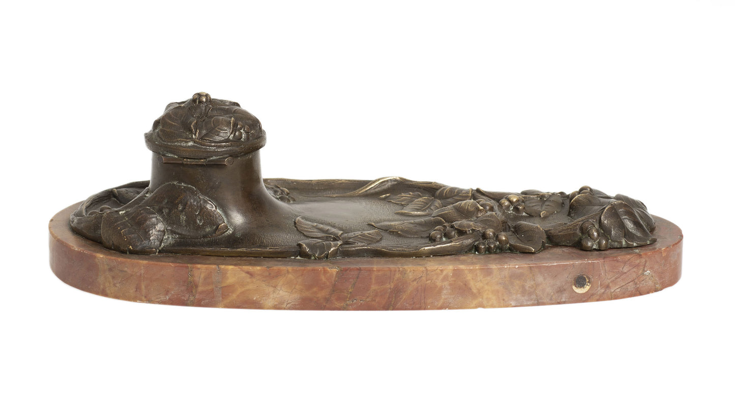 Antique French Bronze and Antico Rosso Marble Desk Ink Stand / Inkwell c1890 - Marcel Bonnot (2960)
