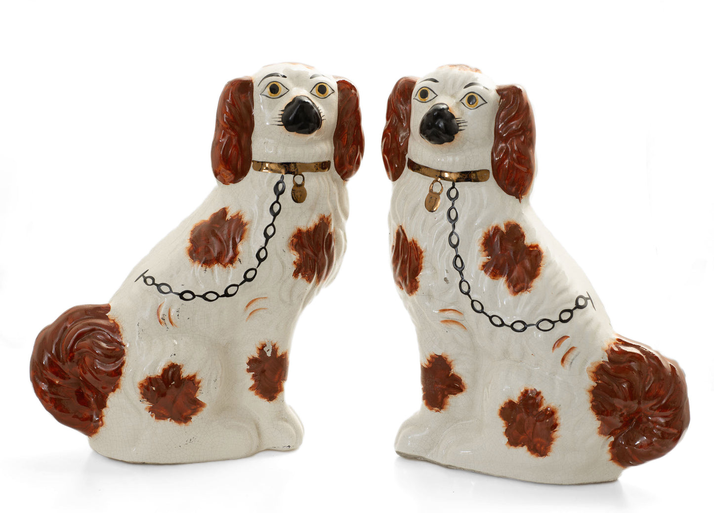 Pair Large Staffordshire Pottery Spaniel Mantle Dogs - Victorian c1890 (2974)