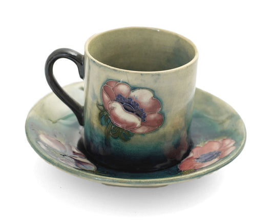 William Moorcroft Art Deco Pottery Anemone Pattern Cup & Saucer - Rare c1930 (2977)