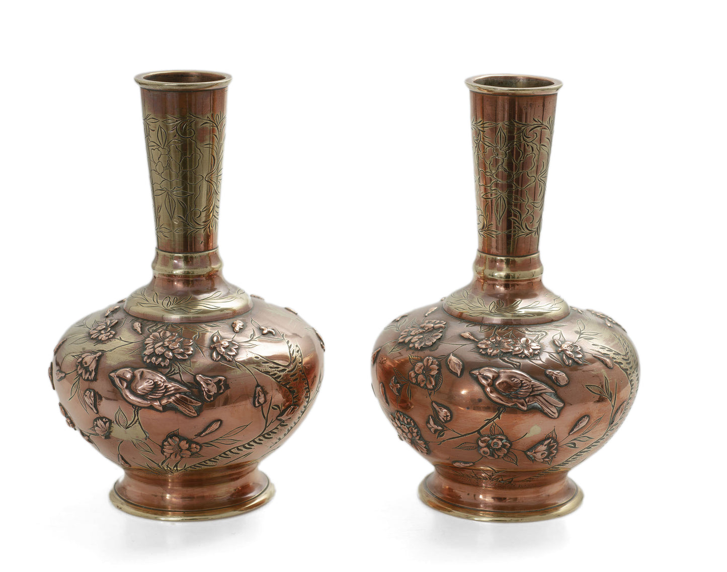 Pair Antique Japanese Aesthetic Coppered Brass Vases with Birds and Blossom (2981)