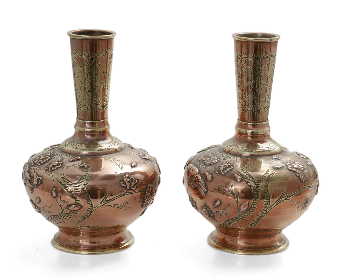 Pair Antique Japanese Aesthetic Coppered Brass Vases with Birds and Blossom (2981)