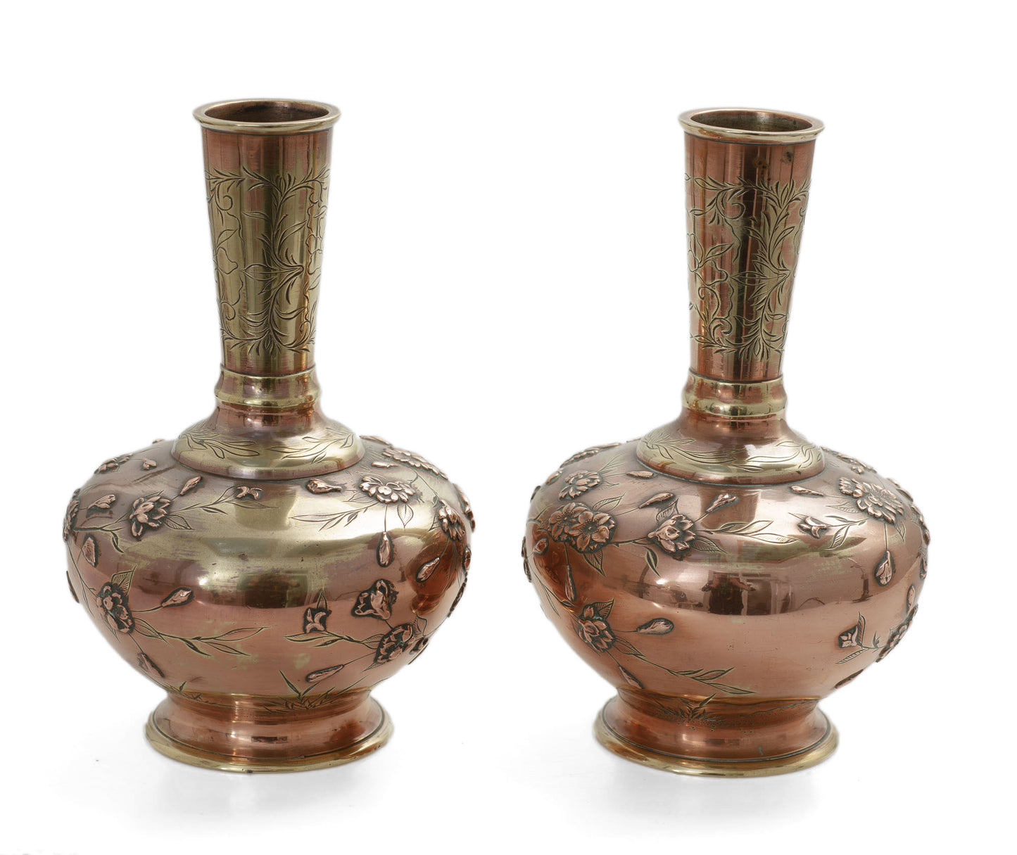 Pair Antique Japanese Aesthetic Coppered Brass Vases with Birds and Blossom (2981)