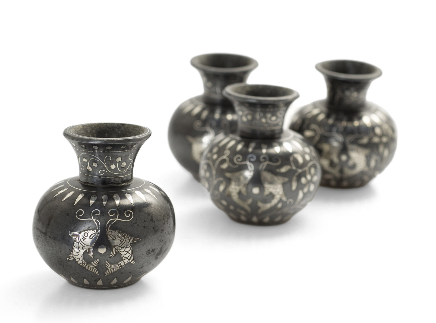 Group of Four Vintage Indian Silver Inlaid Bidri Ware Small Vases with Fish Motif (2894)