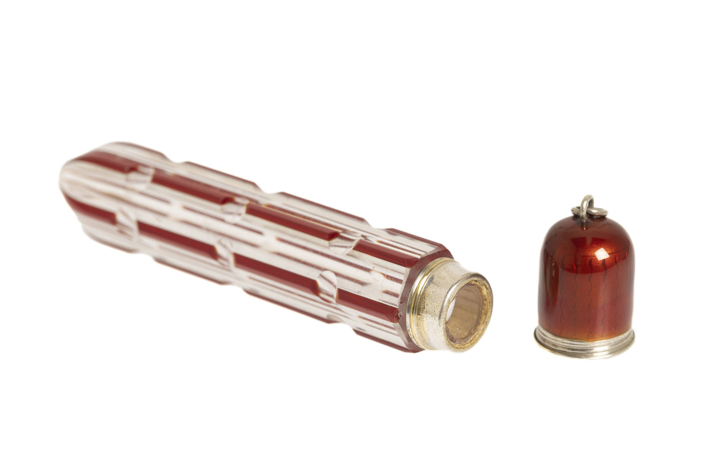 Antique Ruby Glass Overlay & Guilloche Enamel Scent Bottle / Smelling Salt Phial (3001)