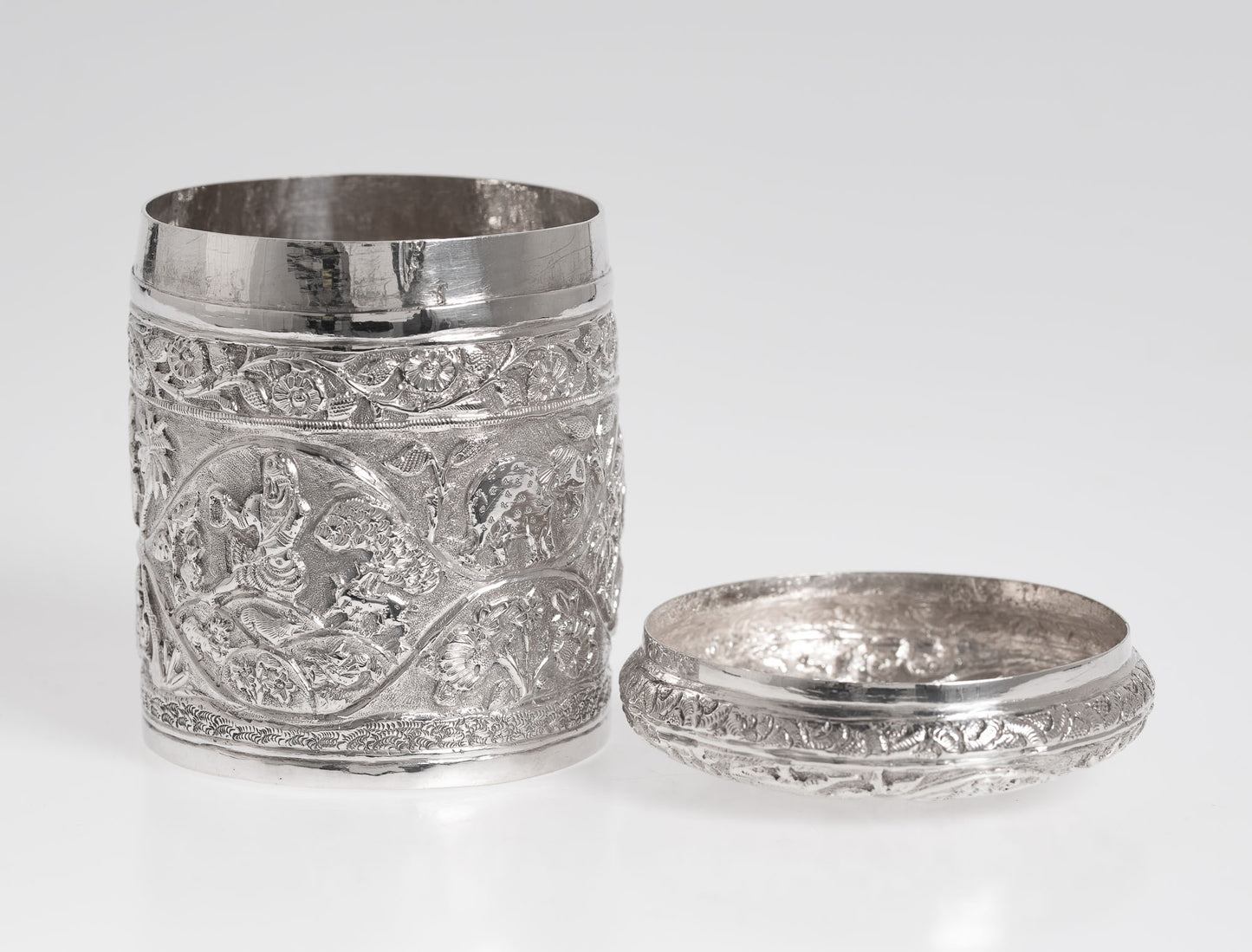 Antique Indian Silver Canister / Tea Caddy with Repousse Animals and Figures (3003)